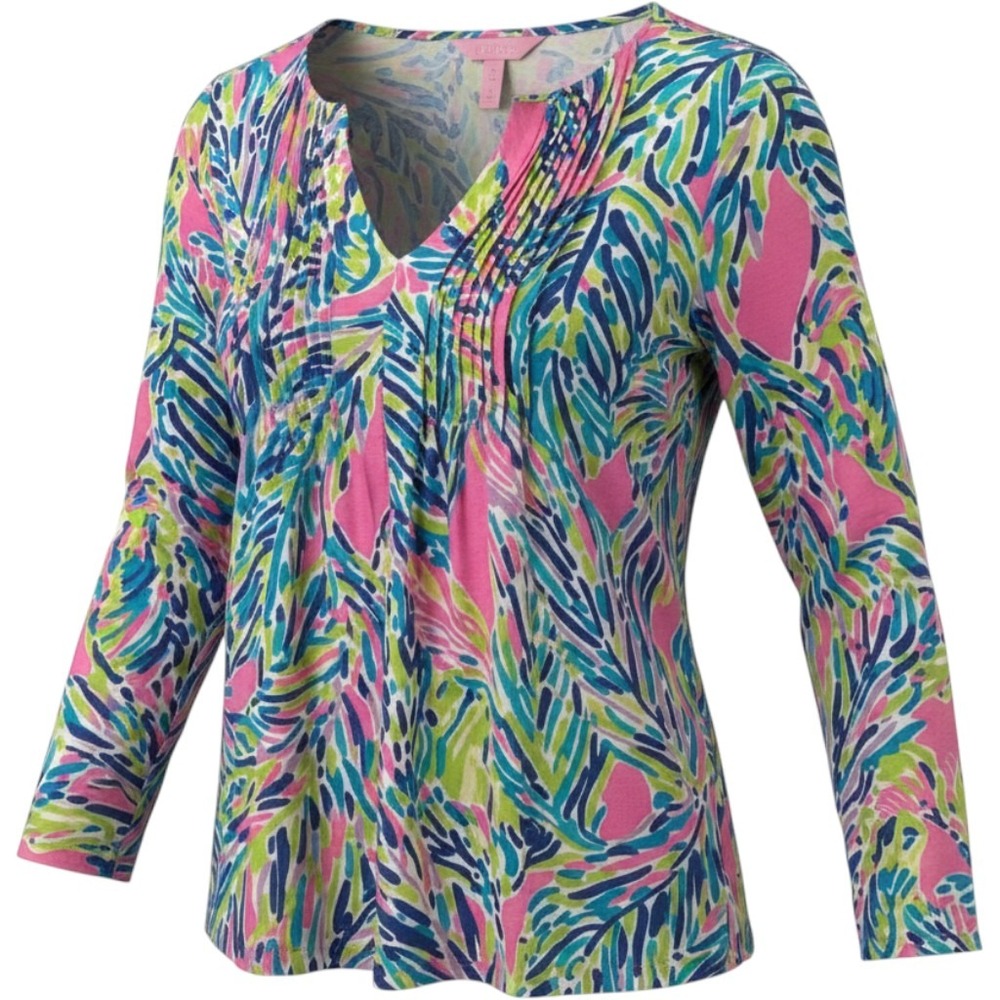 Lilly Pulitzer Pintuck V-Neck Top Small Tropical Pima Cotton Preppy Coastal